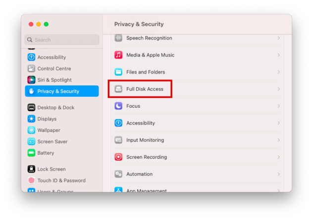 System Preferences Privacy & Security - Full Disk Access